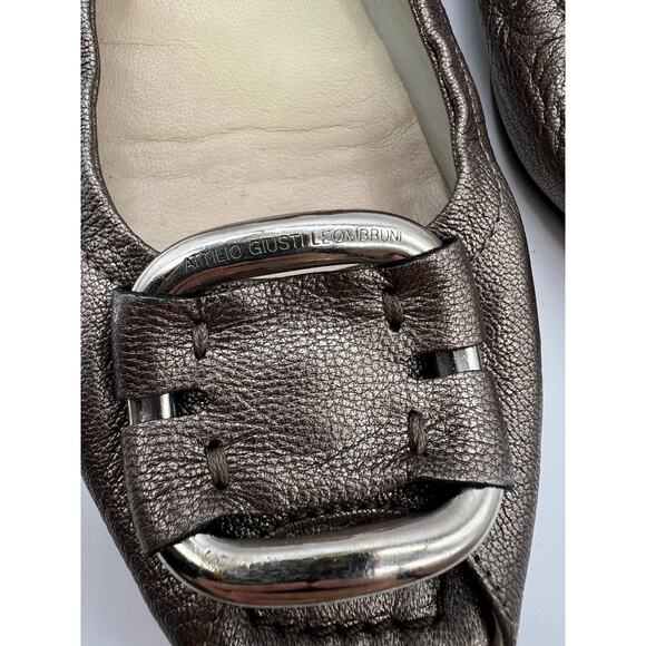 AGL Attilo Giusti Leombruni Peep Toe Leather Ballet Flats Metallic Italy 38.5 - Picture 2 of 7